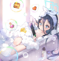 Rule 34 | 1girl, aris (blue archive), bathing, black hair, blue archive, blue eyes, blush, bubble, flat chest, gning503, hair between eyes, halo, highres, long hair, looking at viewer, nude, one side up, playing games, rubber duck, solo, towel, towel on head, very long hair, water, wet