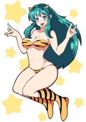 Rule 34 | 1girl, aqua hair, blue eyes, blush, boots, breasts, cleavage, fangs, fox shadow puppet, groin, highres, horns, jumping, knee boots, long hair, lum, medium breasts, navel, pointy ears, smile, solo, star (symbol), starry background, tiger stripes, urusei yatsura, wade99, white background