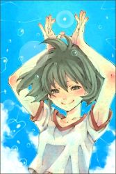 Rule 34 | 1girl, arms up, closed mouth, collarbone, eyebrows, lowres, original, shabon, shirt, short hair, shorts, smile, solo, water, white shirt