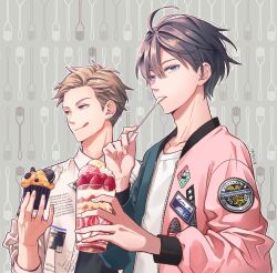 Rule 34 | 2boys, bishounen, cake, cake slice, cookie, cup, cupcake, disposable cup, food, fruit, hacco96, holding, holding cup, ice cream cup, jacket, long sleeves, looking at viewer, male focus, mouth hold, multiple boys, open clothes, open jacket, original, shirt, short hair, sprinkles, strawberry, tongue, tongue out, upper body, utensil in mouth