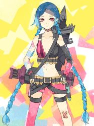 Rule 34 | 1girl, abstract background, arm tattoo, bandaid, bandaid on knee, bandaid on leg, belt, bikini, bikini top only, black gloves, blue hair, braid, breasts, choker, cowboy shot, expressionless, fingerless gloves, gloves, jinx (league of legends), league of legends, long hair, looking at viewer, midriff, pink eyes, short shorts, shorts, simple background, single thighhigh, small breasts, solo, standing, swimsuit, tagme, tattoo, thighhighs, twin braids, very long hair, weapon