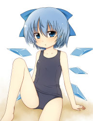 Rule 34 | 1girl, :&lt;, bad id, bad pixiv id, blue eyes, blue hair, cirno, embodiment of scarlet devil, female focus, fuuen (akagaminanoka), gradient background, icicle, matching hair/eyes, one-piece swimsuit, school swimsuit, short hair, solo, swimsuit, touhou, wings