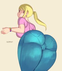 Rule 34 | 1girl, ass, blonde hair, bracelet, cameltoe, cleft of venus, denim, from behind, highres, jeans, jewelry, keppok, looking at viewer, looking back, mob face, original, pants, pantylines, ponytail, smile, solo, tight clothes