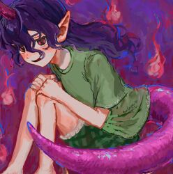 Rule 34 | 1girl, b nosk101, barefoot, blush, clothes writing, feet out of frame, fire, frilled shorts, frills, green shirt, green shorts, hair between eyes, hands on own knees, highres, horns, long hair, looking at viewer, multicolored background, open mouth, pink eyes, pink fire, plaid, plaid shorts, pointy ears, purple background, purple hair, purple horns, purple tail, shirt, short sleeves, shorts, single horn, sitting, solo, tenkajin chiyari, touhou, wavy hair