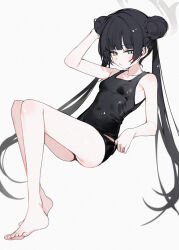 1girl bare_shoulders barefoot black_hair black_one-piece_swimsuit blue_archive blush braid braided_bun breasts double_bun grey_eyes hair_bun halo highres kisaki_(blue_archive) long_hair looking_at_viewer one-piece_swimsuit silver_(chenwen) small_breasts swimsuit twintails