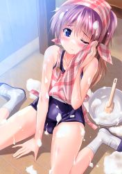 Rule 34 | 1girl, ;(, absurdres, apron, bare shoulders, blue eyes, blush, bowl, brown hair, collarbone, cream, failure, from above, full body, head scarf, highres, komatsu eiji, mixing bowl, one eye closed, plaid, school swimsuit, shoes, sitting, socks, solo, spatula, spill, swimsuit, swimsuit under clothes, tile floor, tiles, uwabaki, wariza, white socks, wink, wiping face