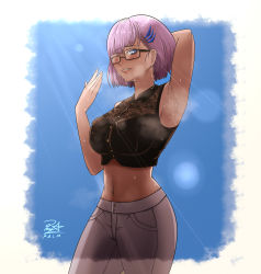 Rule 34 | 1girl, absurdres, arm behind head, arm up, armpits, black shirt, blouse, blue eyes, blue sky, border, braid, buttons, collared shirt, crop top, curvy, fanning, fanning face, full body, glasses, glint, hair ornament, hairclip, highres, hololive, hololive indonesia, holoro, hot, lips, midriff, navel, one eye closed, p.a.l.m, pants, pavolia reine, pink hair, shirt, short hair, signature, single braid, sky, sleeveless, smile, steam, sunlight, sweat, virtual youtuber, wet, white border
