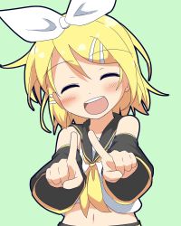 Rule 34 | 1girl, anniversary, bare shoulders, blonde hair, blush, bow, closed eyes, commentary, crop top, detached sleeves, green background, hair between eyes, hair bow, hair ornament, hairclip, highres, index fingers raised, kagamine rin, midriff, navel, neck ribbon, outstretched arms, ribbon, sailor collar, shirt, short hair, smile, solo, stomach, upper body, vocaloid, white bow, white shirt, wreath (a1b2c3d45), yellow ribbon