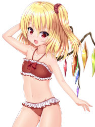 Rule 34 | 1girl, :d, alternate costume, bare shoulders, bikini, blush, collarbone, cowboy shot, crystal, fang, flandre scarlet, frilled swimsuit, frills, groin, hair ornament, hair scrunchie, halterneck, highres, looking at viewer, navel, open mouth, red bikini, scrunchie, side ponytail, simple background, smile, solo, swimsuit, touhou, u2 (5798239), white background, wings