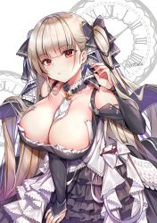 Rule 34 | 1girl, azur lane, bad id, bad twitter id, bare shoulders, between breasts, black dress, blonde hair, blush, breasts, cleavage, clock, dress, earrings, formidable (azur lane), frilled dress, frills, hair ribbon, hand on own thigh, hand up, highres, jewelry, large breasts, leaning forward, long hair, long sleeves, looking at viewer, maett, red eyes, ribbon, solo, stud earrings, twintails, two-tone dress, two-tone ribbon, very long hair