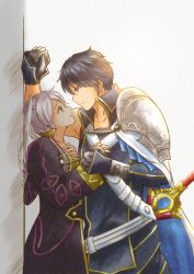 1boy 1girl against_wall armor black_robe blue_cape blue_eyes blue_hair cape chrom_(fire_emblem) clenched_hand eye_contact eyelashes falchion_(fire_emblem) fire_emblem fire_emblem_awakening grey_hair hetero highres looking_at_another moverabbit0305 nintendo pauldrons robe robin_(female)_(fire_emblem) robin_(fire_emblem) sheath sheathed shoulder_armor single_pauldron sword twintails weapon