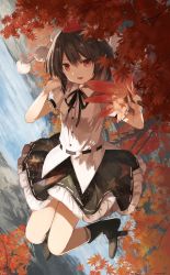 Rule 34 | 1girl, absurdres, autumn, autumn leaves, black hair, black legwear, black ribbon, black skirt, buttons, collared shirt, day, full body, hand fan, hat, highres, looking at viewer, outdoors, pom pom (clothes), puffy short sleeves, puffy sleeves, red eyes, ribbon, shameimaru aya, shirt, short hair, short sleeves, skirt, smile, solo, thkani, tokin hat, touhou, white shirt