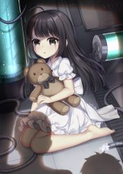 Rule 34 | 1girl, absurdres, ahoge, barefoot, black bow, black hair, bow, brown eyes, chuor (chuochuoi), crying, crying with eyes open, dress, highres, indoors, long hair, looking at viewer, hugging object, on floor, original, parted lips, puffy short sleeves, puffy sleeves, short sleeves, silhouette, sitting, solo, stuffed animal, stuffed toy, tears, teddy bear, very long hair, wariza, white dress