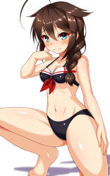 Rule 34 | 1girl, adapted costume, ahoge, barefoot, bikini, black bikini, black hair, blue eyes, braid, breasts, commentary request, front-tie bikini top, front-tie top, hair flaps, hair ornament, hair over shoulder, highres, kantai collection, kazami ren (fuushagoya), looking at viewer, medium breasts, shigure (kancolle), shigure kai ni (kancolle), simple background, single braid, solo, squatting, swimsuit, white background