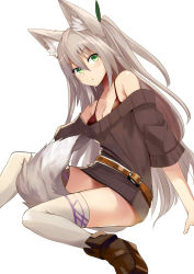 Rule 34 | 1girl, animal ears, bare shoulders, belt, blush, breasts, cleavage, collarbone, dress, fox ears, fox tail, green eyes, hair ribbon, highres, long hair, looking at viewer, original, ribbon, silver hair, simple background, sitting, solo, sweater, sweater dress, tail, thighhighs, two side up, very long hair, white background, white thighhighs, yoshizawa tsubaki