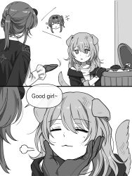 Rule 34 | +++, 2girls, 2koma, :o, absurdres, animal ears, breasts, chibi, closed eyes, closed mouth, coat, comic, commentary, dog ears, dog girl, dog tail, english text, eyewear on head, gloves, greyscale, hand on another&#039;s chin, highres, honkai: star rail, honkai (series), jacket, kafka (honkai: star rail), long sleeves, looking at another, medium hair, monochrome, multiple girls, open clothes, open jacket, open mouth, petting, pillosopi, ponytail, round eyewear, shirt, small breasts, star (symbol), stelle (honkai: star rail), symbol-only commentary, tail, trailblazer (honkai: star rail), trash can