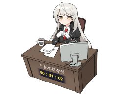 Rule 34 | 1girl, absurdres, artist request, black jacket, chair, coffee, coffee mug, counter:side, cup, desk, gendou pose, gloves, hands clasped, highres, hilde (counter:side), jacket, korean text, long hair, long sleeves, looking at viewer, monitor, mug, necktie, official art, own hands clasped, own hands together, paper, pen, red necktie, shirt, solo, translation request, transparent background, white gloves, white hair, white shirt, yellow eyes