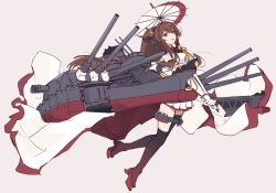 Rule 34 | 1girl, asymmetrical legwear, black thighhighs, breasts, brown hair, cherry blossoms, clothes writing, coat, commentary request, full body, gradient footwear, hair intakes, highres, kantai collection, large breasts, long hair, looking at viewer, machinery, minosu, oil-paper umbrella, over-kneehighs, pleated skirt, ponytail, sidelocks, single over-kneehigh, single thighhigh, skirt, solo, thighhighs, umbrella, white coat, white skirt, yamato (kancolle), yamato kai ni (kancolle)
