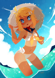 Rule 34 | 1girl, adapted costume, bikini, blonde hair, blue eyes, blush, bright pupils, cloud, cowboy shot, day, dutch angle, hat, kagamine len, kagamine rin, leaning forward, looking at viewer, navel, outdoors, projecttiger, sailor bikini, sailor collar, short hair, shorts tan, side-tie bikini bottom, solo, sparkle, swimsuit, tan, tanline, thighs, vocaloid, wading, water, wet