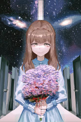 Rule 34 | 1girl, absurdres, bleeding, blood, blue dress, bouquet, brown eyes, brown hair, closed mouth, commentary request, copyright request, cowboy shot, door, dress, flower, furrowed brow, galaxy, highres, holding, holding bouquet, long hair, long sleeves, looking at viewer, ryeon (bluetom1), sky, smile, solo, standing, star (sky), starry sky