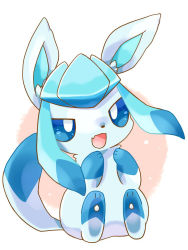 Rule 34 | :d, animal, animal focus, blue eyes, commentary request, creatures (company), fang, game freak, gen 4 pokemon, glaceon, kana (maple926), nintendo, no humans, open mouth, pokemon, pokemon (creature), simple background, sitting, skin fang, smile, tail raised, toes, two-tone background, white background