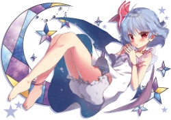 Rule 34 | 1girl, alternate costume, ankle ribbon, bare arms, bare legs, bare shoulders, barefoot, beni kurage, bloomers, blue hair, blush, choker, commentary request, crescent, dress, fingers together, full body, hair ribbon, highres, knees up, leg ribbon, looking at viewer, midriff peek, navel, no headwear, no headwear, parted lips, pointy ears, red choker, red eyes, red ribbon, remilia scarlet, ribbon, ribbon choker, short dress, short hair, solo, stained glass, star (symbol), thighs, touhou, underwear, white background, white bloomers, white dress, wrist ribbon