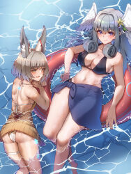 Rule 34 | 2girls, absurdres, animal ears, ass, bikini, breasts, cat ears, ear covers, flower, grey hair, hair flower, hair ornament, head wings, highres, innertube, large breasts, melia antiqua, multiple girls, navel, nia (xenoblade), partially submerged, sarong, short hair, siebolds demon, stomach, swim ring, swimsuit, thighs, water, wings, xenoblade chronicles (series), xenoblade chronicles 3