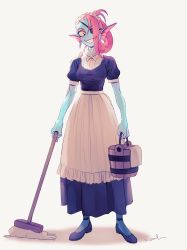Rule 34 | 1girl, alternate costume, apron, black dress, black footwear, blue skin, breasts, bucket, colored sclera, colored skin, commentary request, dress, enmaided, eyepatch, fins, folded ponytail, hair over one eye, head fins, highres, holding, holding bucket, holding mop, looking at viewer, maid, maid apron, maid day, maid headdress, monster girl, mop, noah (tettsui-sole), puffy short sleeves, puffy sleeves, red hair, short sleeves, signature, simple background, smile, solo, undertale, undyne, yellow sclera, yellow teeth