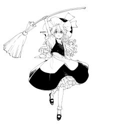 Rule 34 | 1girl, apron, bow, braid, broom, hair bow, hat, highres, holding, holding broom, kirisame marisa, long hair, mary janes, monochrome, natsume (menthol), puffy short sleeves, puffy sleeves, shirt, shoes, short sleeves, single braid, skirt, socks, solo, touhou, twitter username, vest, waist apron, white background, witch hat
