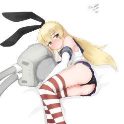Rule 34 | 1girl, absurdres, anchor hair ornament, black hairband, black panties, blonde hair, blue sailor collar, blue skirt, crop top, dated, elbow gloves, feet out of frame, gloves, grey eyes, hair ornament, hairband, highres, kantai collection, long hair, lying, maru (marg0613), microskirt, miniskirt, on side, panties, pleated skirt, rensouhou-chan, sailor collar, shimakaze (kancolle), simple background, skirt, solo, striped clothes, striped thighhighs, stuffed toy, thighhighs, thighs, twitter username, underwear, white background, white gloves