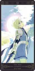 Rule 34 | 00s, 1boy, armor, blonde hair, blue eyes, cape, cloud, expressionless, flynn scifo, gloves, male focus, md5 mismatch, motoko (ambiy), resolution mismatch, rounded corners, shield, sky, solo, source larger, sword, tales of (series), tales of vesperia, tarot, tarot (medium), the sun (tarot), weapon