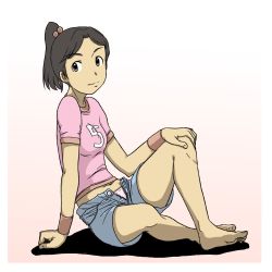 Rule 34 | 00s, aiko (dennou coil), barefoot, brown hair, dennou coil, feet, highres, navel, panties, ponytail, shorts, sitting, solo, striped clothes, striped panties, takaya n, underwear, unzipped, white panties, wristband