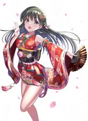 Rule 34 | 1girl, :d, cherry blossoms, detached sleeves, floating hair, floral print, green hair, grey eyes, hagoromo komachi (idolmaster), hair ornament, hand fan, highres, holding, holding fan, idolmaster, idolmaster cinderella girls, japanese clothes, kimono, kobayakawa sae, leg up, long hair, looking at viewer, obi, open mouth, outstretched arm, print kimono, print sleeves, red kimono, red sleeves, ribbon-trimmed sleeves, ribbon trim, sash, short kimono, simple background, sleeveless, sleeveless kimono, smile, socks, solo, standing, standing on one leg, sutoroa, very long hair, white background, white socks, wide sleeves