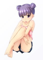 Rule 34 | 1girl, :p, bare legs, bare shoulders, barefoot, black shorts, blush, camisole, closed mouth, commentary request, double bun, feet, full body, gradient background, grey background, hair bun, highres, hugging own legs, legs, looking at viewer, original, panties, pink camisole, print camisole, purple eyes, purple hair, shibacha, short shorts, shorts, side bun, sitting, smile, solo, star (symbol), star print, strap slip, toenails, tongue, tongue out, underwear, upshorts, white background, white panties