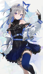 Rule 34 | 1girl, absurdres, alternate hair length, alternate hairstyle, amane kanata, amane kanata (work), angel wings, belt, black gloves, black ribbon, black shirt, black skirt, blue belt, blue hair, blue skirt, blue theme, blue thighhighs, blush, breasts, closed mouth, colored inner hair, commentary, cropped jacket, feet out of frame, frilled shirt, frills, gloves, gradient skirt, hair between eyes, hair ornament, hairclip, halo, highres, hololive, jacket, jewelry, long hair, long sleeves, looking at viewer, modare, multicolored hair, neck ribbon, necklace, off shoulder, official alternate costume, open clothes, open jacket, partially fingerless gloves, pink hair, pleated skirt, purple eyes, ribbon, shirt, short twintails, silver hair, single hair intake, single thighhigh, skirt, sleeveless, sleeveless shirt, small breasts, smile, solo, star (symbol), star necklace, streaked hair, thigh strap, thighhighs, twintails, two-tone skirt, two side up, virtual youtuber, white jacket, wings