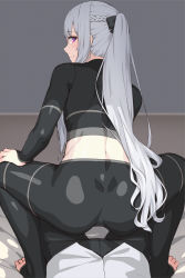 1boy 1girl ak-12_(girls&#039;_frontline) ass back black_pants black_shirt blush braid breasts french_braid girls&#039;_frontline grey_hair kageshio_(276006) large_breasts long_hair long_sleeves looking_at_viewer looking_back midriff pants ponytail pov purple_eyes shirt sitting sitting_on_person smile squatting teasing yoga_pants