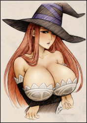 Rule 34 | 1girl, bare shoulders, breast hold, breasts, brown eyes, cleavage, detached sleeves, dragon&#039;s crown, hat, huge breasts, long hair, solo, sorceress (dragon&#039;s crown), wickedj, witch hat