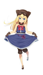 Rule 34 | 1girl, belt, blonde hair, blue eyes, blue skirt, bow, bowtie, brown footwear, brown hat, brown shorts, dress, floating hair, formation girls, frilled dress, frills, full body, goggles, goggles on head, hair ornament, hat, jewelry, long hair, necklace, pokachu, red bow, red bowtie, shorts, shorts under dress, skirt, skirt hold, sleeveless, sleeveless dress, solo, standing, strapless, strapless dress, white background