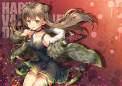 Rule 34 | 1girl, bare legs, bare shoulders, black choker, black dress, breasts, brown hair, camouflage, capura lin, chocolate, choker, cleavage, dog tags, double bun, dress, finger to mouth, fingerless gloves, floating hair, food, girls&#039; frontline, gloves, green eyes, hair between eyes, hair bun, hair ribbon, highres, holding, holding chocolate, holding food, jacket, long hair, looking at viewer, military jacket, rfb (girls&#039; frontline), ribbon, small breasts, stuffed animal, stuffed toy, swept bangs, teddy bear, tongue, tongue out, valentine