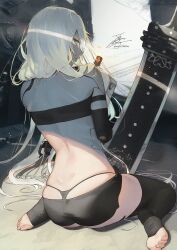 Rule 34 | 1girl, aqua eyes, ass, back, black thighhighs, cyborg, fadingz, from behind, full body, highres, long hair, looking back, nier:automata, nier (series), parted lips, pixiv id, signature, sitting, solo, sword, thighhighs, thong, toes, very long hair, wariza, weapon, white hair, a2 (nier:automata)