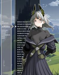 Rule 34 | 1girl, absurdres, arknights, black shirt, blue dress, breasts, chinese commentary, cowboy shot, cross, cross earrings, cross scar, dress, earrings, english text, gloves, green gloves, grey eyes, grey hair, hair intakes, highres, irene (arknights), irene (the adjudicatrix and her resolve) (arknights), jewelry, lace trim, latin cross, lotan, medium hair, pixelated background, scar, scar across eye, shirt, solo, standing, the elder scrolls, the elder scrolls v: skyrim, turtleneck, turtleneck shirt, user interface