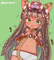 Rule 34 | 1girl, animal ears, bad id, bad pixiv id, bastet (p&amp;d), blunt bangs, blush, braid, cat ears, d:, flying sweatdrops, green background, headdress, long hair, mashiro miru, midriff, nail polish, navel, open mouth, puzzle &amp; dragons, red nails, simple background, solo, tail, tattoo, twin braids, twitter username, vambraces, wavy mouth