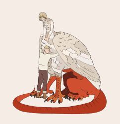 Rule 34 | 1boy, 1girl, blonde hair, boots, brother and sister, brown footwear, brown pants, chimera, closed eyes, dragon tail, dungeon meshi, falin touden, falin touden (chimera), feathered wings, feathers, full body, hug, laios touden, long sleeves, mabsosa6, monster girl, pants, shirt, short hair, siblings, simple background, sitting, smile, standing, tail, white feathers, white shirt, wings