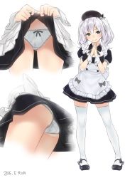 Rule 34 | 10s, 1girl, 2016, ama mitsuki, ass, bow, bow panties, clothes lift, contrapposto, dated, full body, grey eyes, kantai collection, kashima (kancolle), lifted by self, long hair, looking at viewer, maid, mary janes, multiple views, own hands clasped, own hands together, panties, pleated skirt, shoes, silver hair, skirt, skirt lift, smile, standing, thighhighs, tsurime, underwear, wavy hair, white panties, white thighhighs, zettai ryouiki