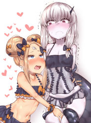 Rule 34 | 2girls, abigail williams (fate), absurdres, bare shoulders, bikini, black bikini, black bow, blue eyes, blush, bow, closed mouth, collarbone, commentary request, double bun, emerald float, eye contact, fate/grand order, fate (series), hair bow, hair bun, heart, heart-shaped pupils, highres, horns, lavinia whateley (emerald float) (fate), lavinia whateley (fate), light brown hair, looking at another, makano mucchi, multiple girls, navel, official alternate costume, open mouth, orange bow, pale skin, parted bangs, polka dot, polka dot bow, purple eyes, saliva, see-through, side bun, sidelocks, silver hair, single horn, single side bun, suction cups, sweat, swimsuit, symbol-shaped pupils, tentacles, trembling, wavy mouth, white background