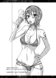 Rule 34 | 1girl, bikini, breasts, cleavage, food, greyscale, groin, hand on own hip, highres, hip focus, ice cream, isao, large breasts, licking, monochrome, nami (one piece), one piece, sexually suggestive, short hair, solo, suggestive fluid, swimsuit, tattoo, translation request