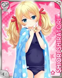 Rule 34 | 1girl, :o, aqua eyes, barefoot, blonde hair, blue eyes, blush, card (medium), character name, closed mouth, competition swimsuit, girlfriend (kari), hair ribbon, official art, one-piece swimsuit, pink background, qp:flapper, quaver, ribbon, shiratori shiori, solo, standing, swimsuit, tagme, towel, twintails, wavy hair