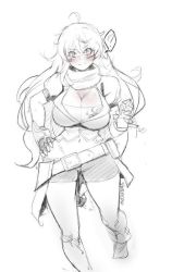 Rule 34 | 1girl, ahoge, blush, breasts, cleavage, greyscale, large breasts, long hair, monochrome, scarf, sketch, solo, stormcow, suggestive, yang xiao long