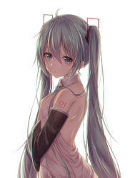 Rule 34 | 1girl, :o, ahoge, akira (been0328), bad id, bad pixiv id, bare shoulders, black sleeves, breasts, collared shirt, commentary, detached sleeves, green necktie, hair between eyes, hair ornament, hatsune miku, long hair, long sleeves, looking at viewer, looking to the side, necktie, parted lips, shirt, simple background, sleeveless, sleeveless shirt, small breasts, solo, upper body, very long hair, vocaloid, white background, white shirt, wide sleeves