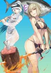 Rule 34 | 2girls, ahoge, alternate costume, aqua hair, bare shoulders, bikini, black bikini, blonde hair, bodysuit, boned meat, breasts, brynhildr (fate), closed mouth, collarbone, cowboy shot, diving mask, diving mask on head, diving suit, fate/grand order, fate (series), fire, fish, food, goggles, goggles on head, highres, holding, holding sword, holding weapon, jeanne d&#039;arc (fate), jeanne d&#039;arc (ruler) (fate), jeanne d&#039;arc alter (avenger) (fate), jeanne d&#039;arc alter (fate), jikeshi, long hair, looking at viewer, meat, medium breasts, multiple girls, parted lips, platinum blonde hair, polearm, ponytail, purple eyes, roasting, smile, swimsuit, sword, trident, tuna, very long hair, weapon, wetsuit, white hair, yellow eyes
